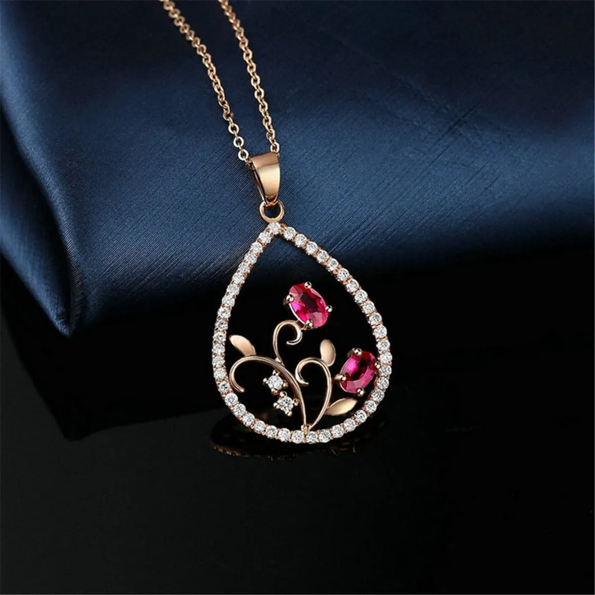 Cubic Zirconia & Crystal Flower Open Teardrop Pendant Necklace
