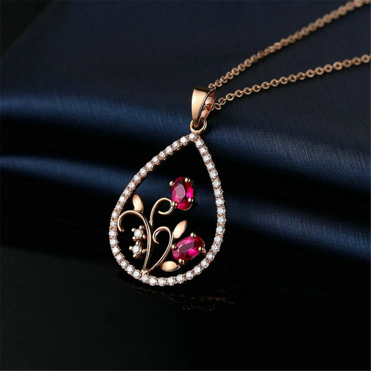 Cubic Zirconia & Crystal Flower Open Teardrop Pendant Necklace
