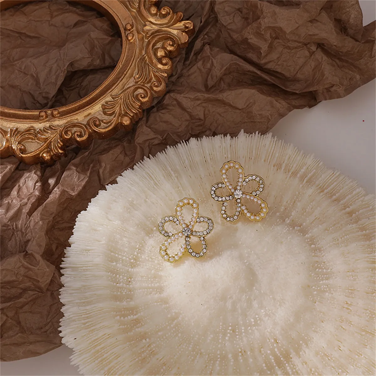 Cubic Zirconia & Pearl 18K Gold-Plated Flower Stud Earrings