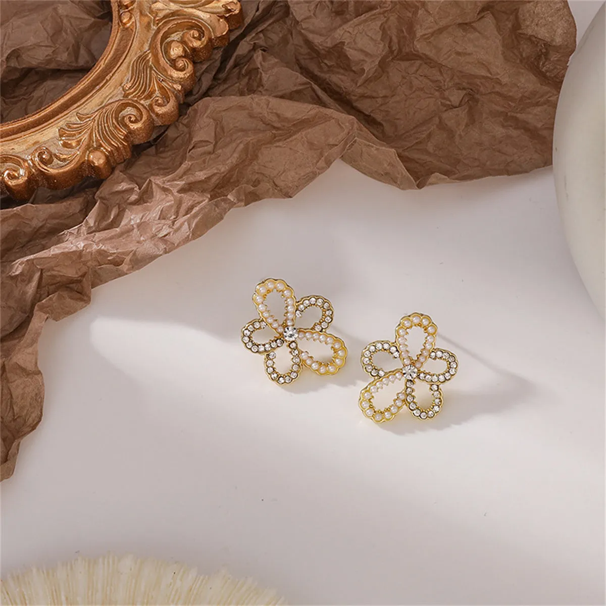 Cubic Zirconia & Pearl 18K Gold-Plated Flower Stud Earrings