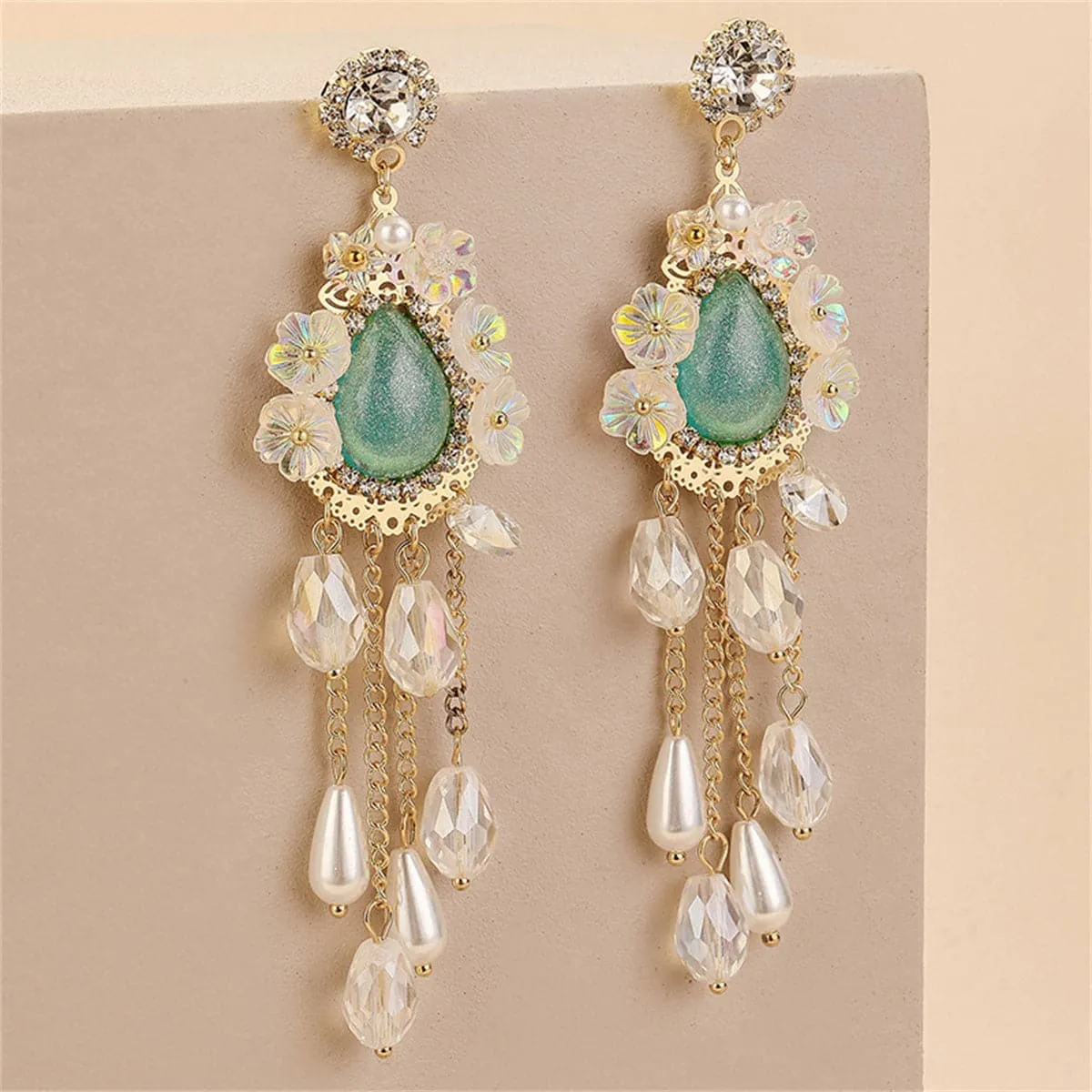 Cubic Zirconia & Pearl 18K Gold-Plated Flower Tassel Drop Earrings