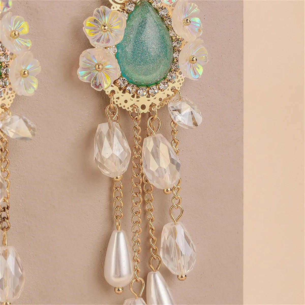 Cubic Zirconia & Pearl 18K Gold-Plated Flower Tassel Drop Earrings