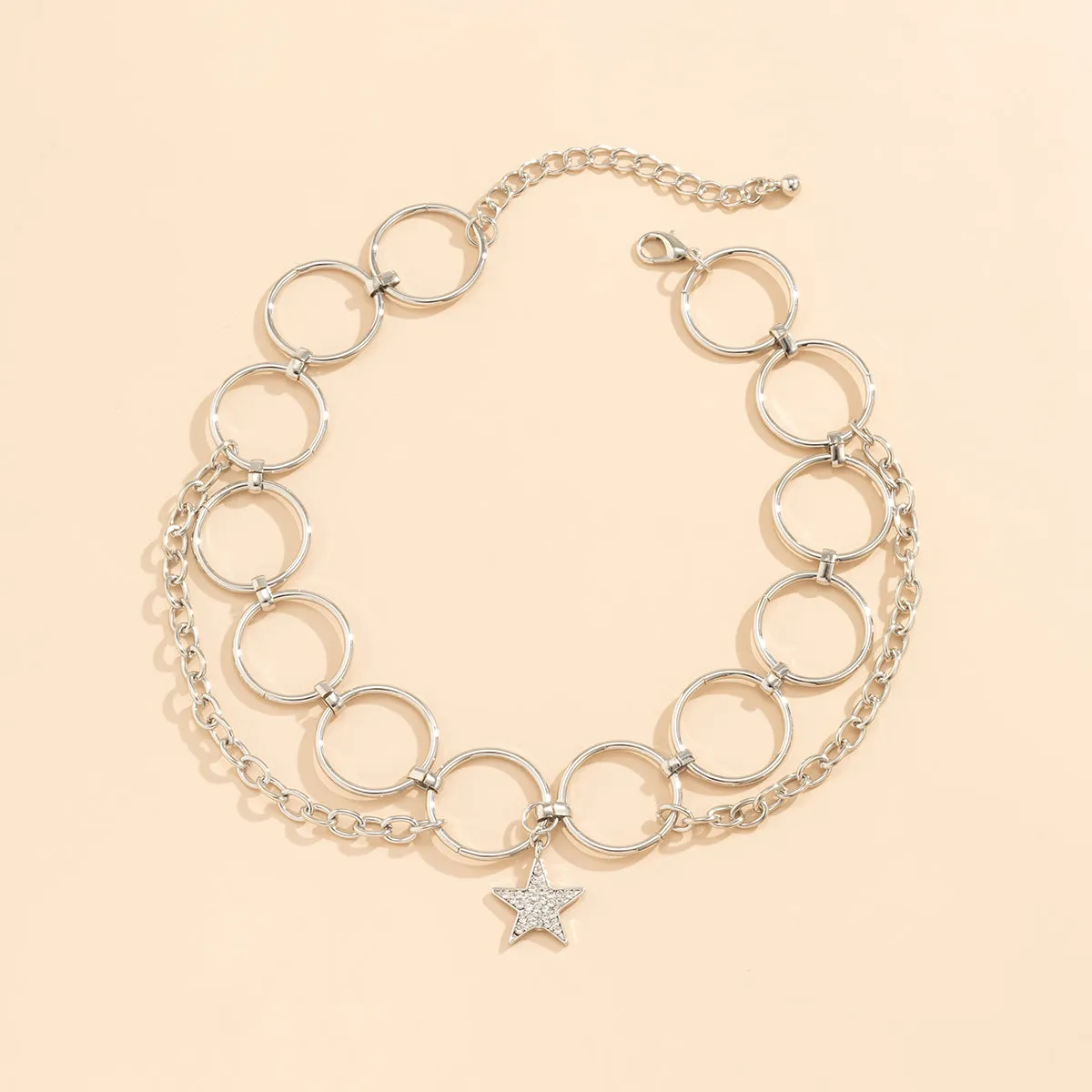 Cubic Zirconia & Silver-Plated Hoop Chain & Star Choker