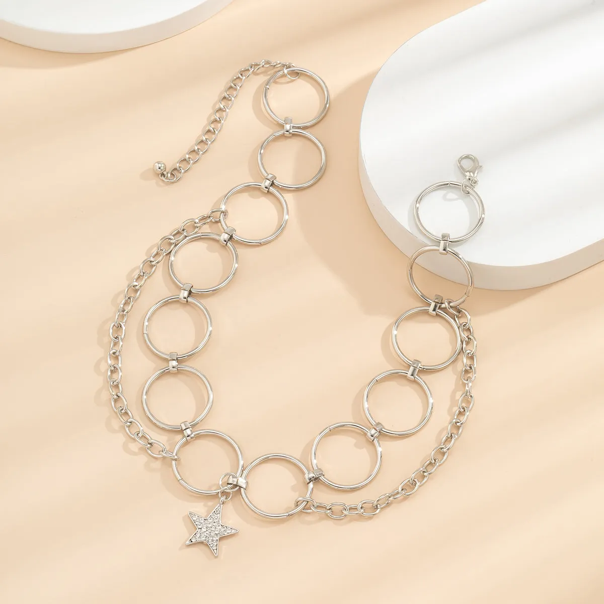 Cubic Zirconia & Silver-Plated Hoop Chain & Star Choker