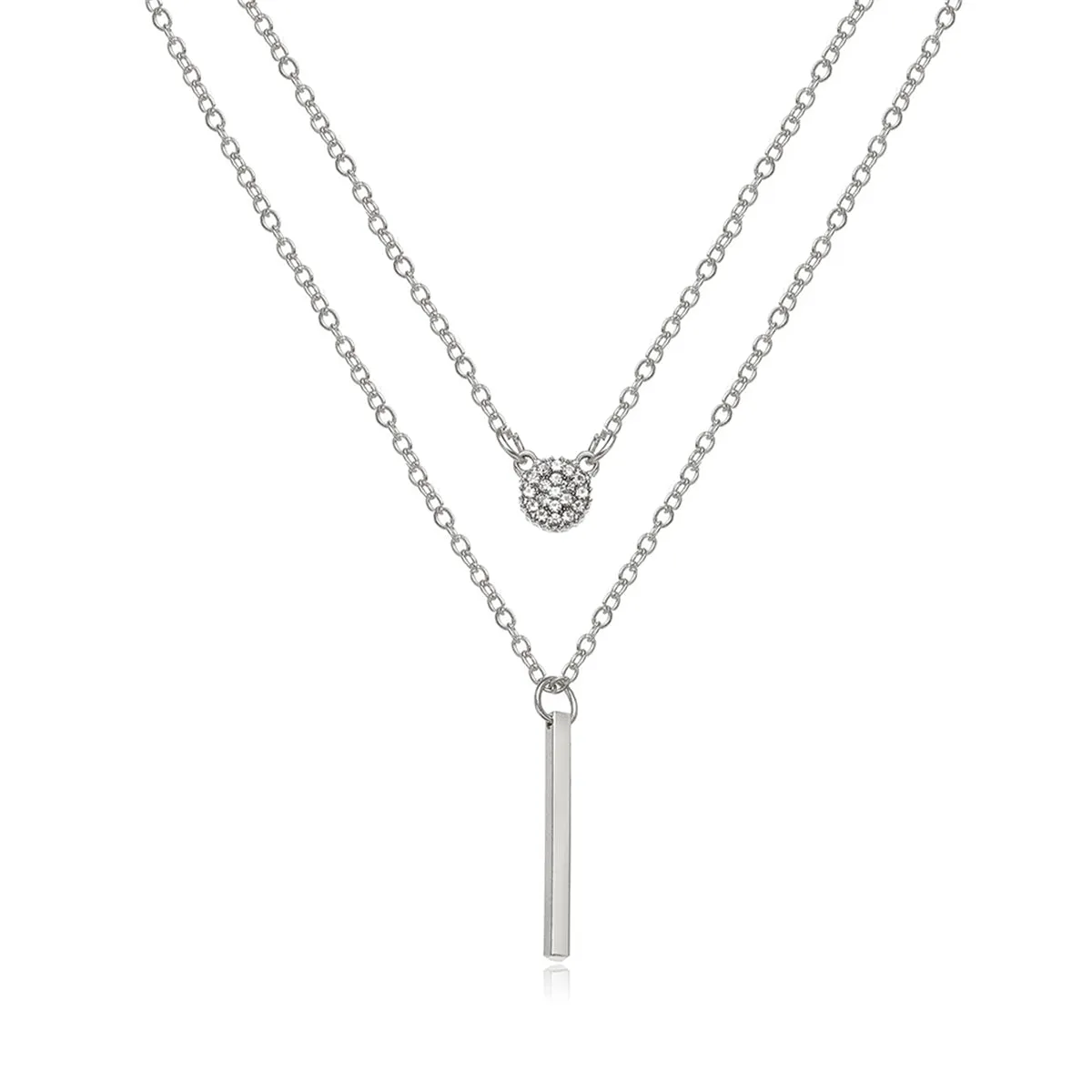 Cubic Zirconia & Silver-Plated Layered Bar Pendant Necklace
