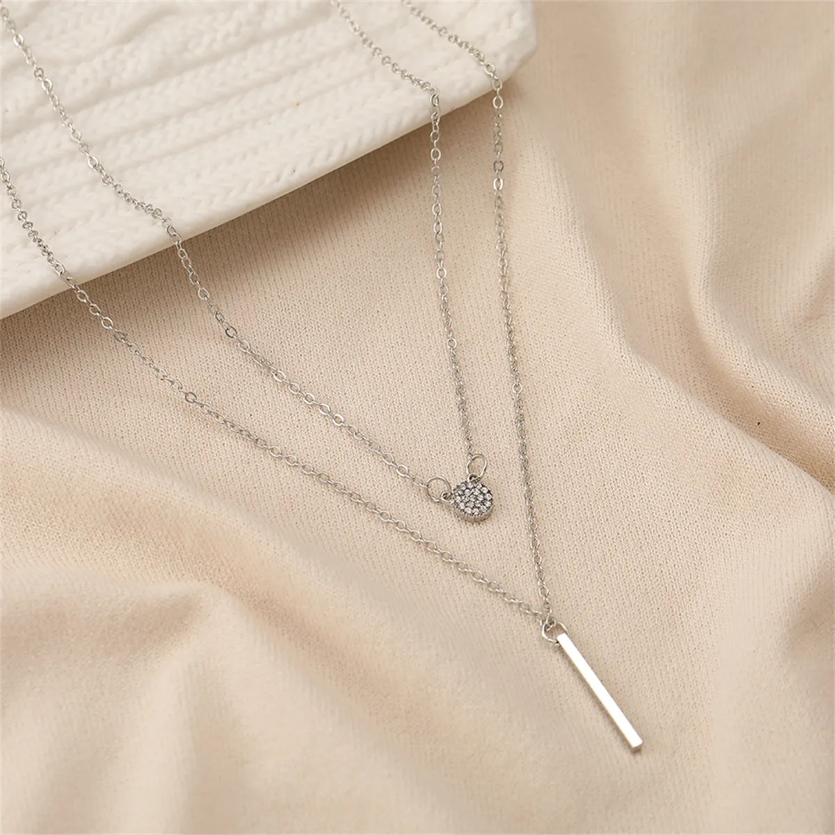 Cubic Zirconia & Silver-Plated Layered Bar Pendant Necklace