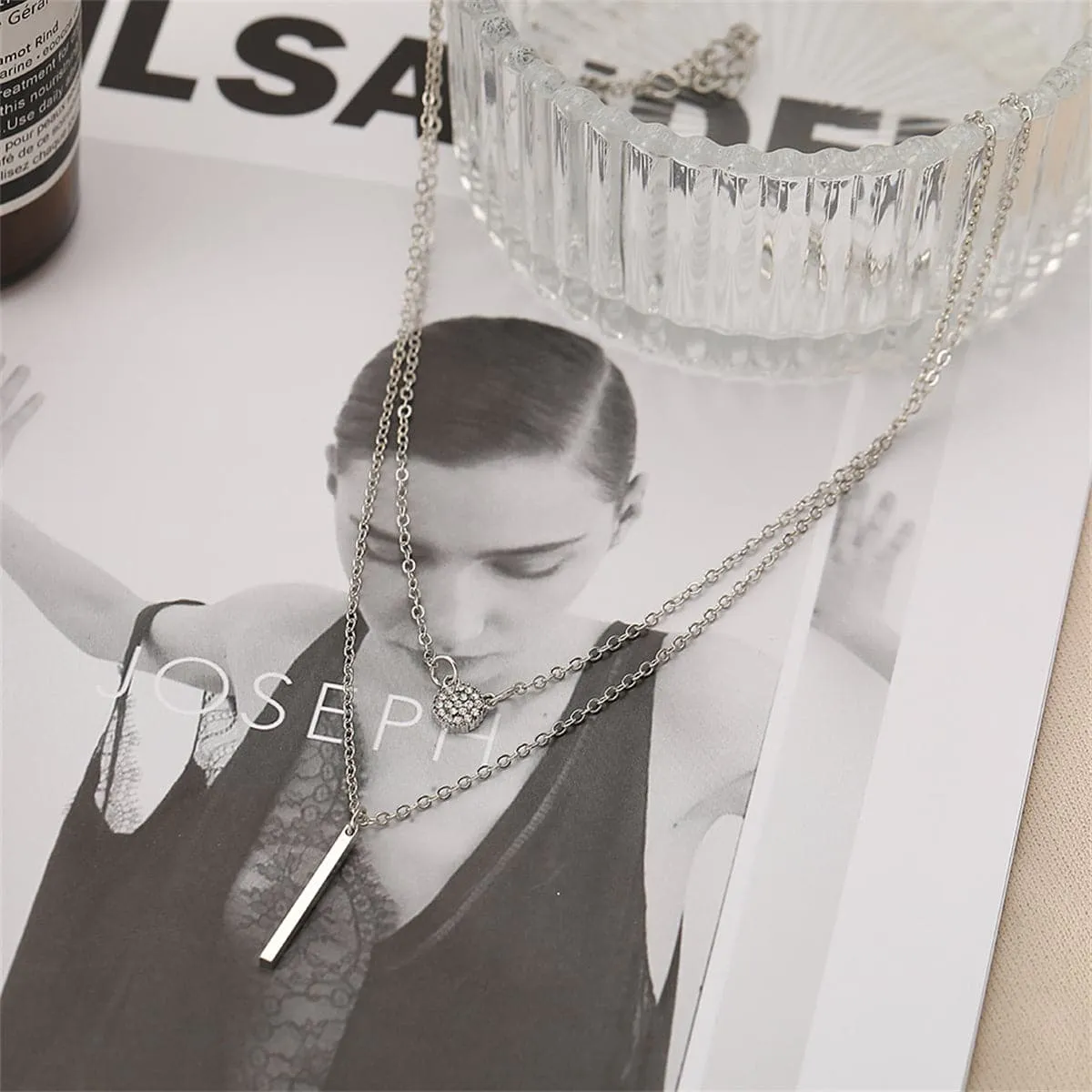 Cubic Zirconia & Silver-Plated Layered Bar Pendant Necklace