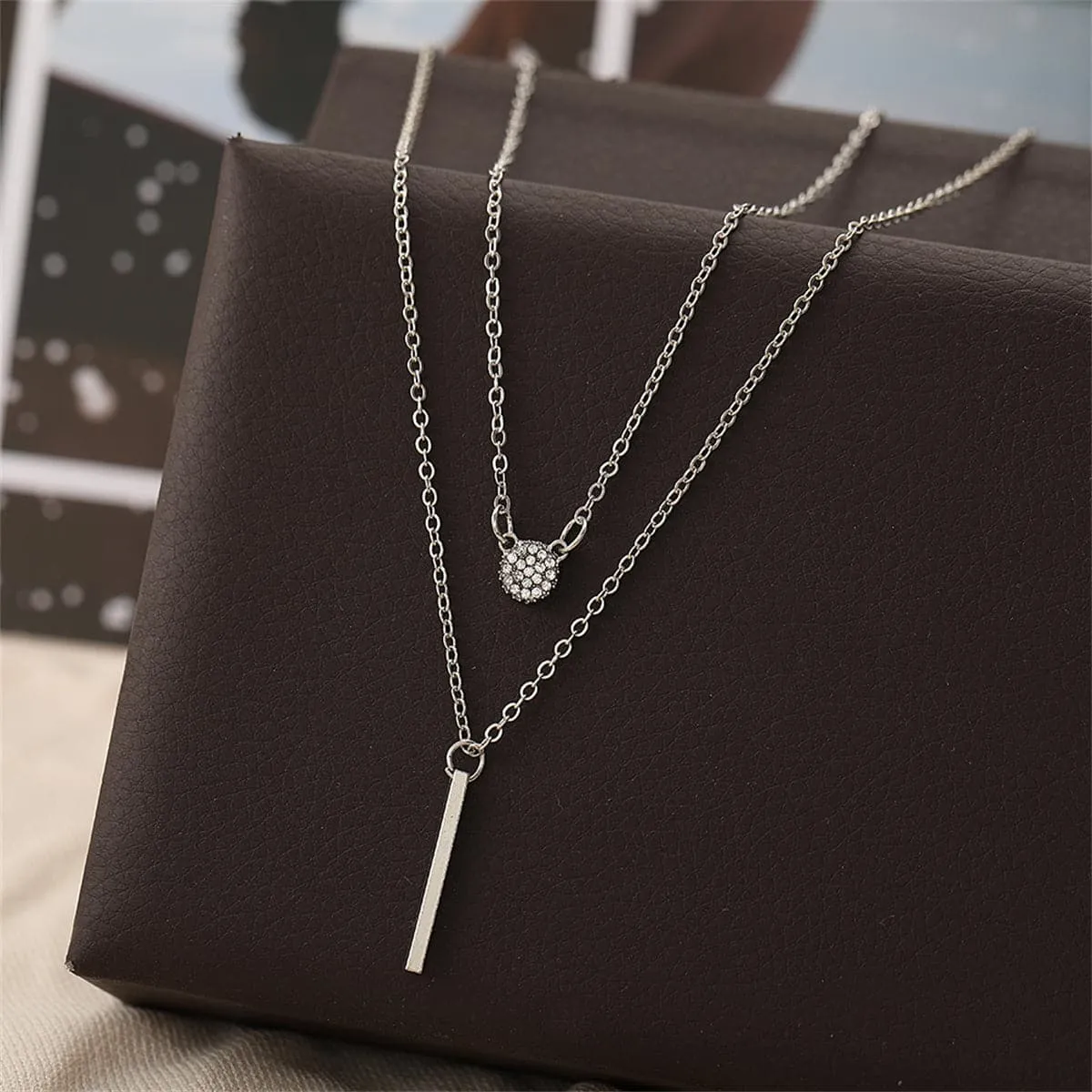 Cubic Zirconia & Silver-Plated Layered Bar Pendant Necklace