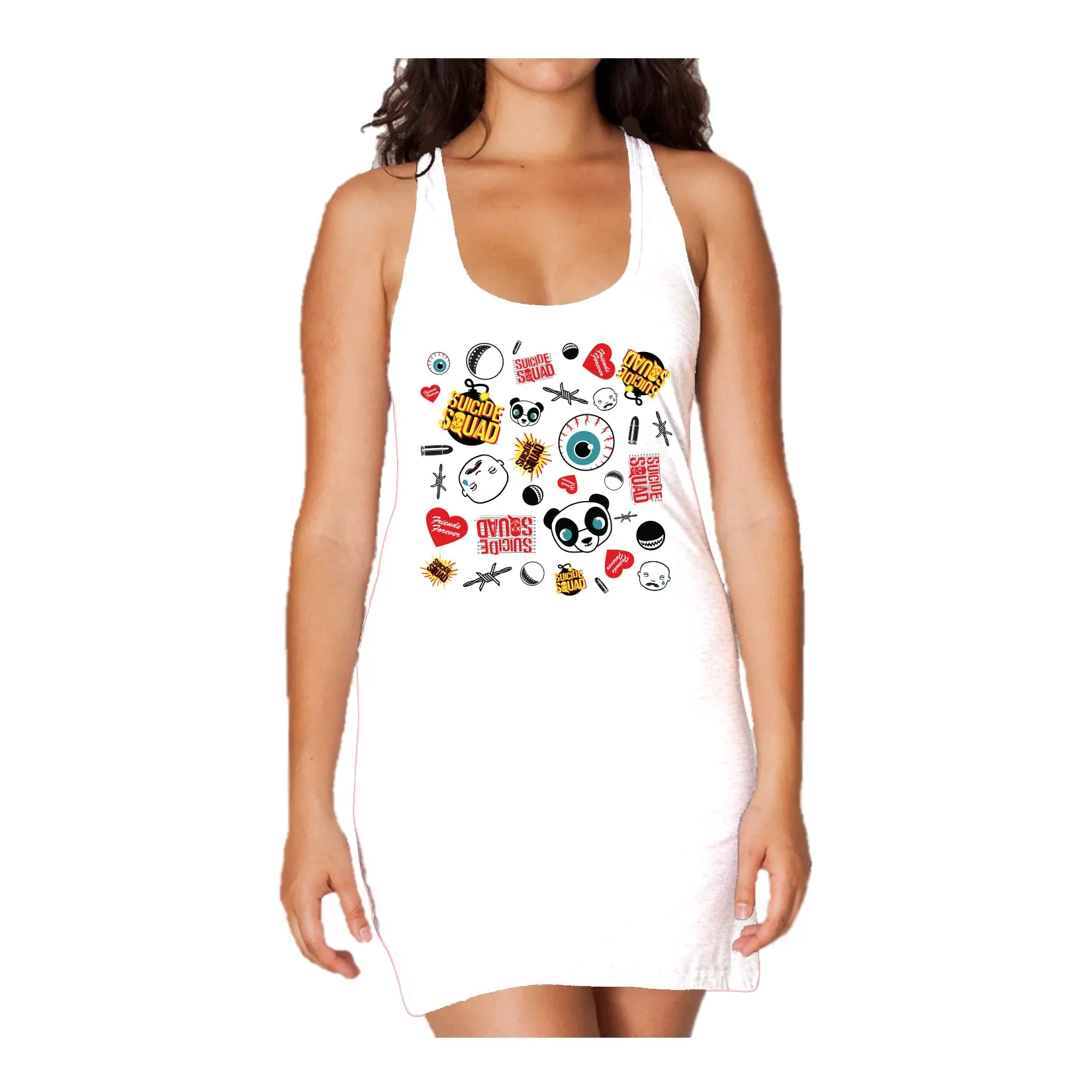DC Suicide Squad Collage Emoji Official Women's Long Tank Dress (White)