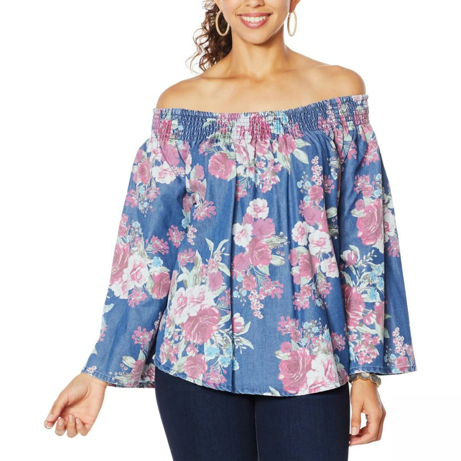 DG2 by Diane Gilman Women's Plus Size Off the Shoulder Floral SoftCell Top