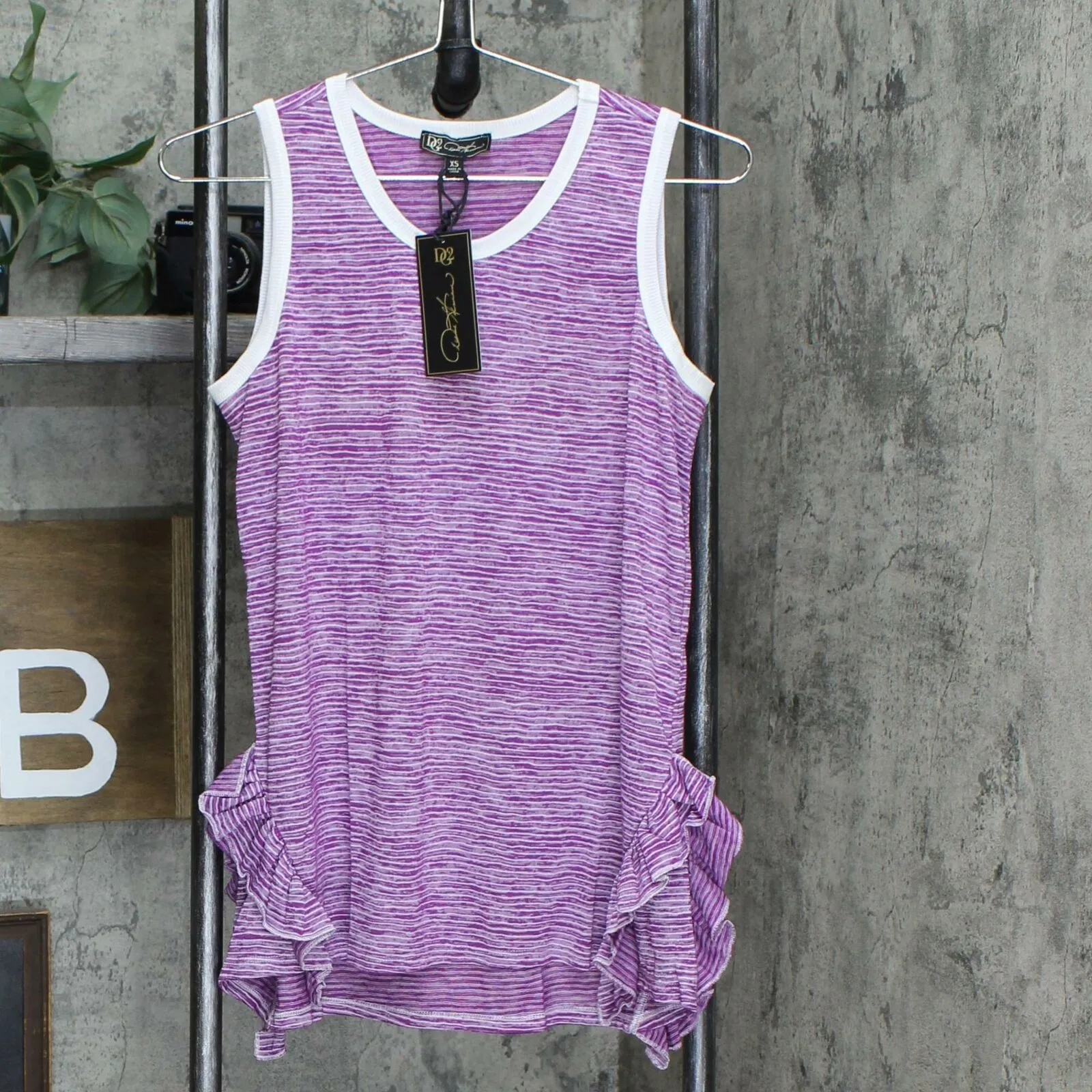 DG2 by Diane Gilman Women's Side Ruffle Striped Tank Top