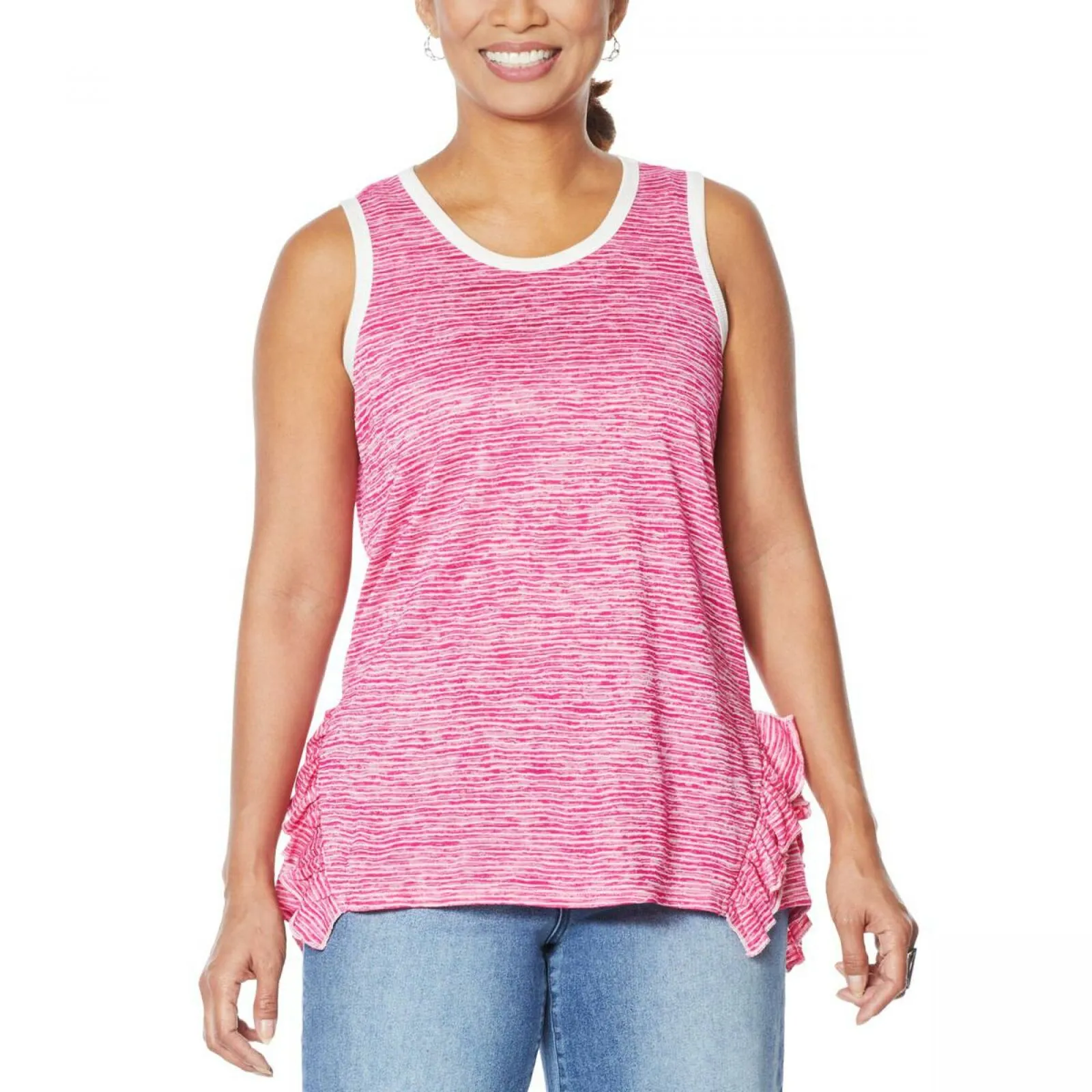 DG2 by Diane Gilman Women's Side Ruffle Striped Tank Top