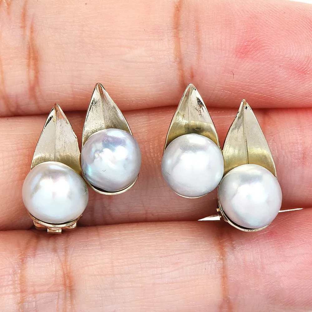 Double Pearl Leaf Style Clip-on Earrings in 14K White Gold
