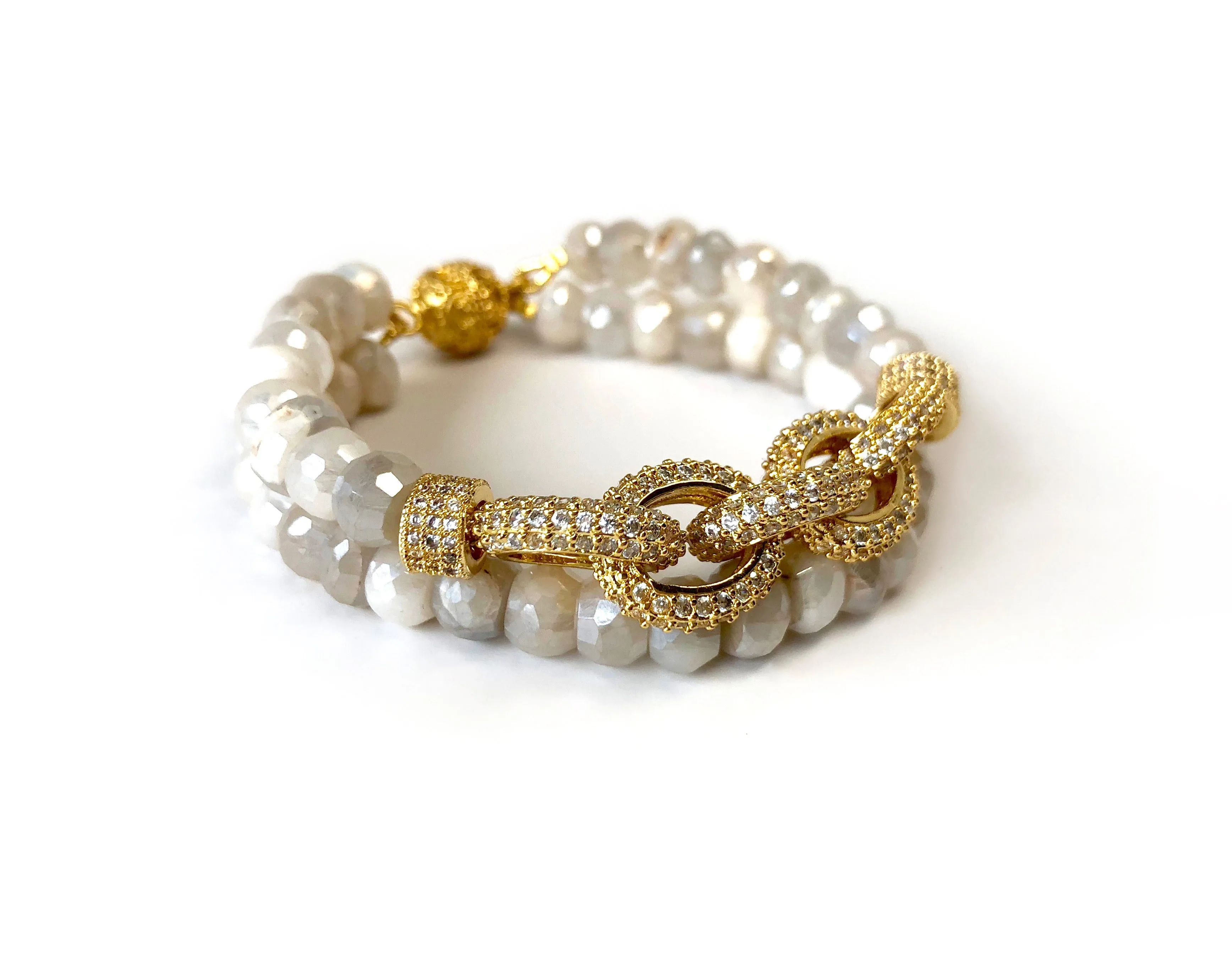 Double Strand Ivory Moonstone Chain Link Bracelet