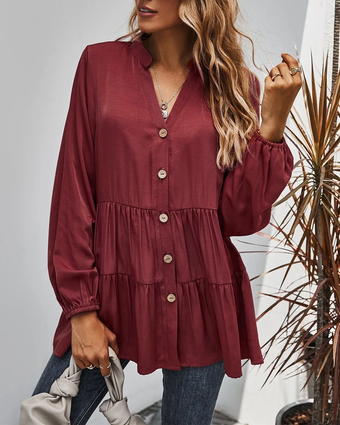 Dreaming of You V-Neck Shirt - Burgundy