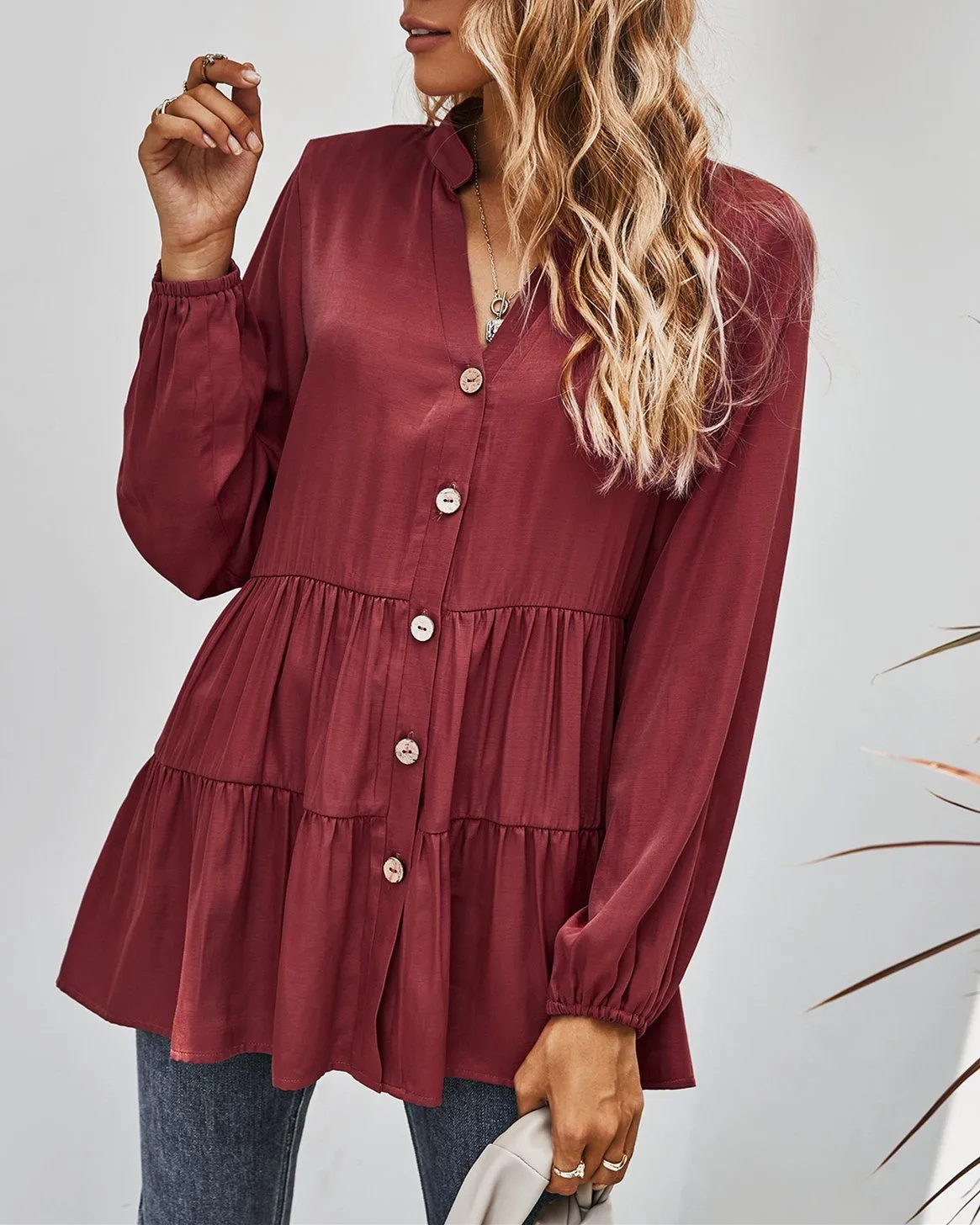 Dreaming of You V-Neck Shirt - Burgundy