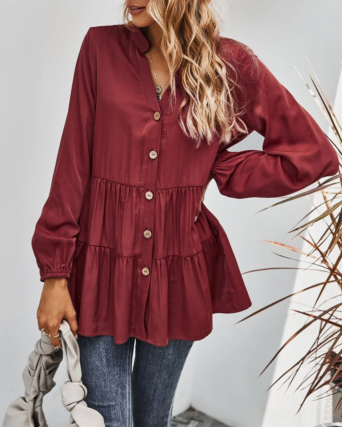 Dreaming of You V-Neck Shirt - Burgundy