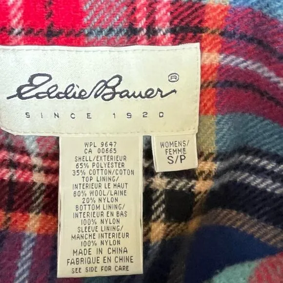 Eddie Bauer Parka Coat Women's Size Small Navy Red Wool Plaid Lining Hood Warm