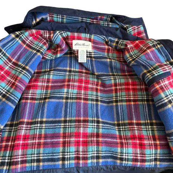 Eddie Bauer Parka Coat Women's Size Small Navy Red Wool Plaid Lining Hood Warm