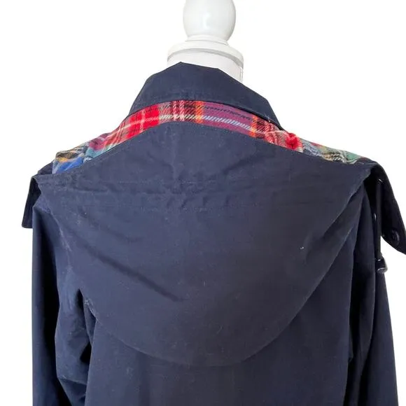 Eddie Bauer Parka Coat Women's Size Small Navy Red Wool Plaid Lining Hood Warm