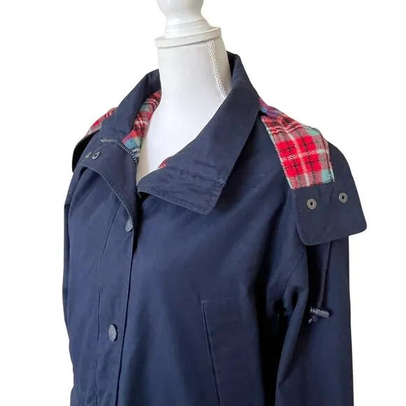 Eddie Bauer Parka Coat Women's Size Small Navy Red Wool Plaid Lining Hood Warm
