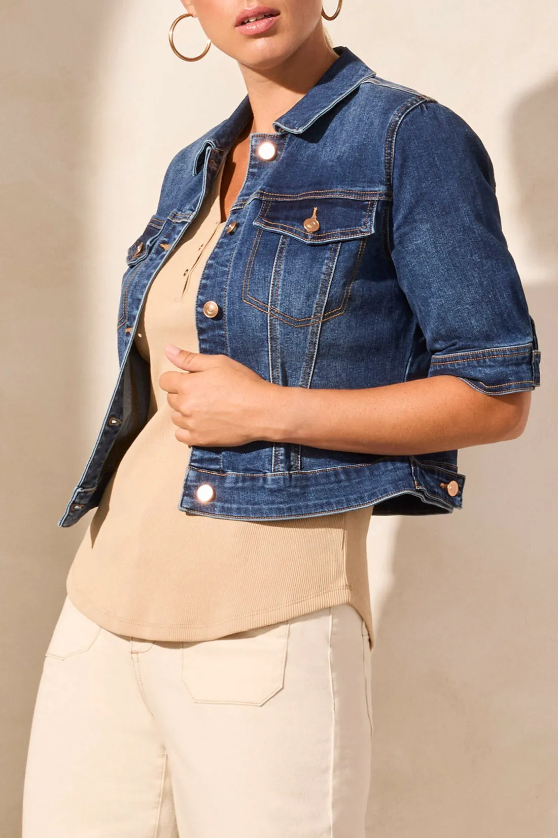 Elbow Sleeve Denim Jacket - Stormy Blue