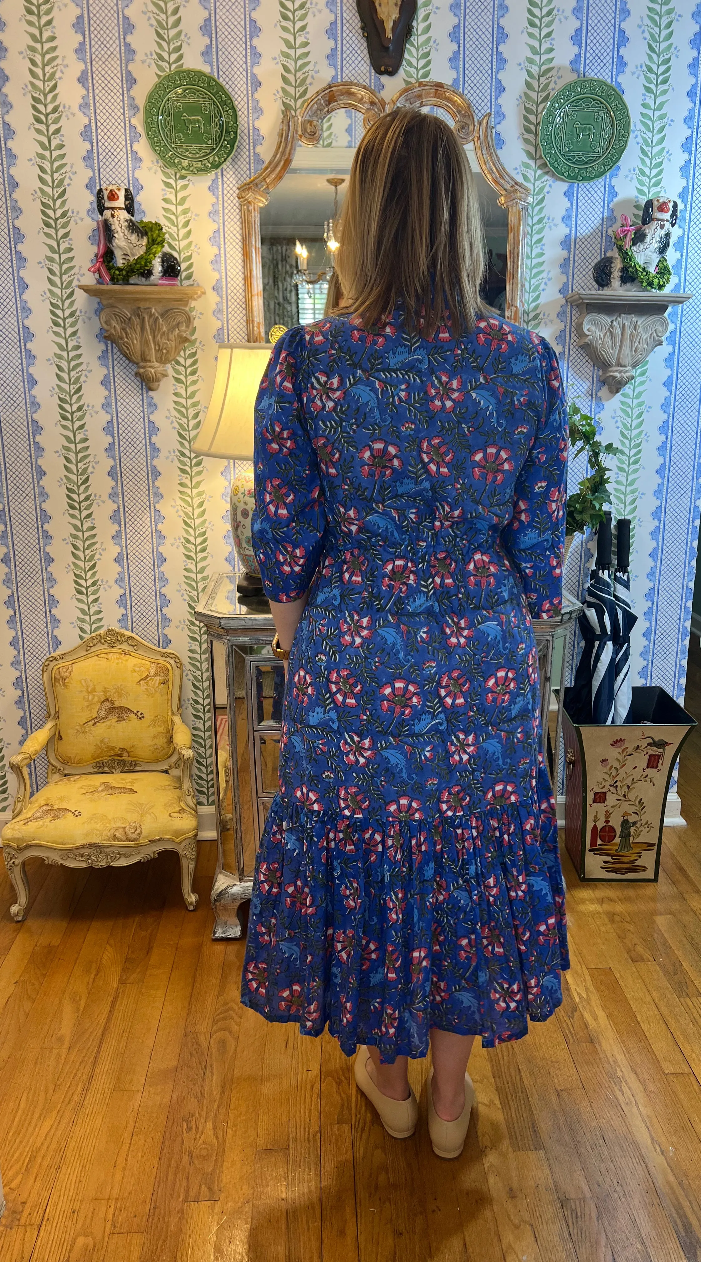 Emory Blockprint Midi Dress in Blue Dahlia