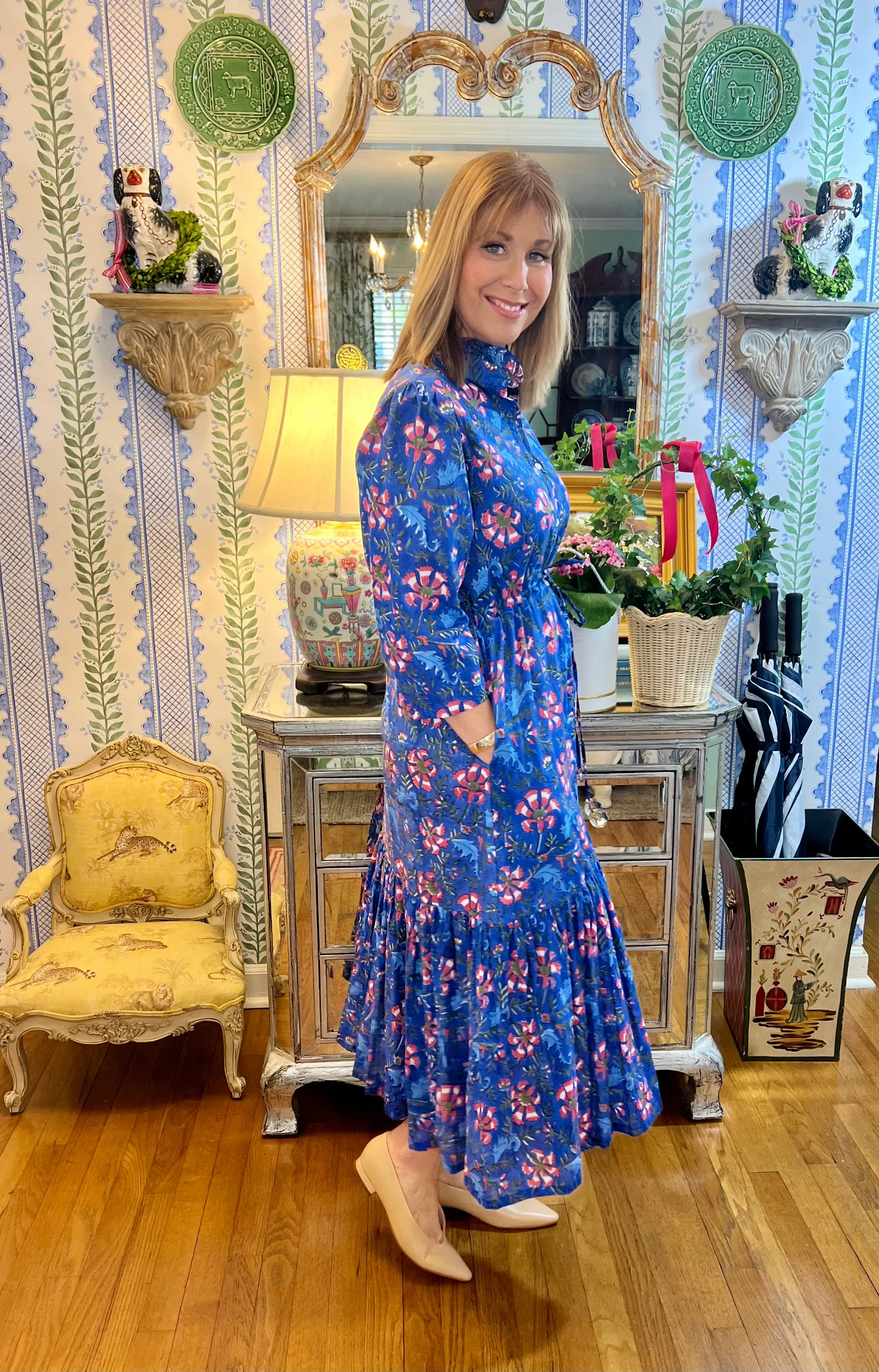 Emory Blockprint Midi Dress in Blue Dahlia