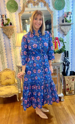Emory Blockprint Midi Dress in Blue Dahlia