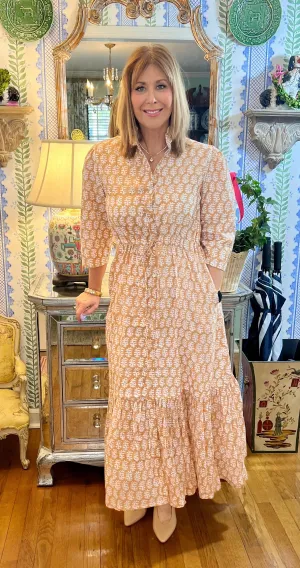 Emory Blockprint Midi Dress in Taupe
