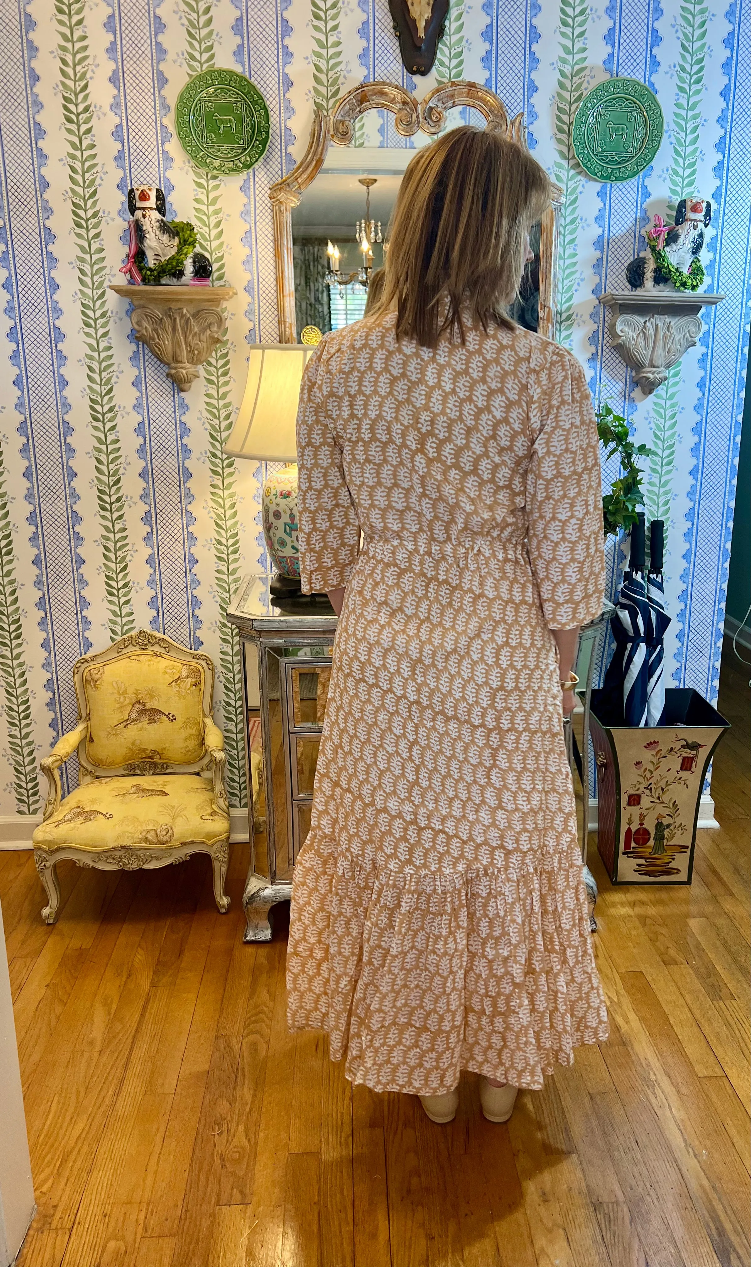 Emory Blockprint Midi Dress in Taupe