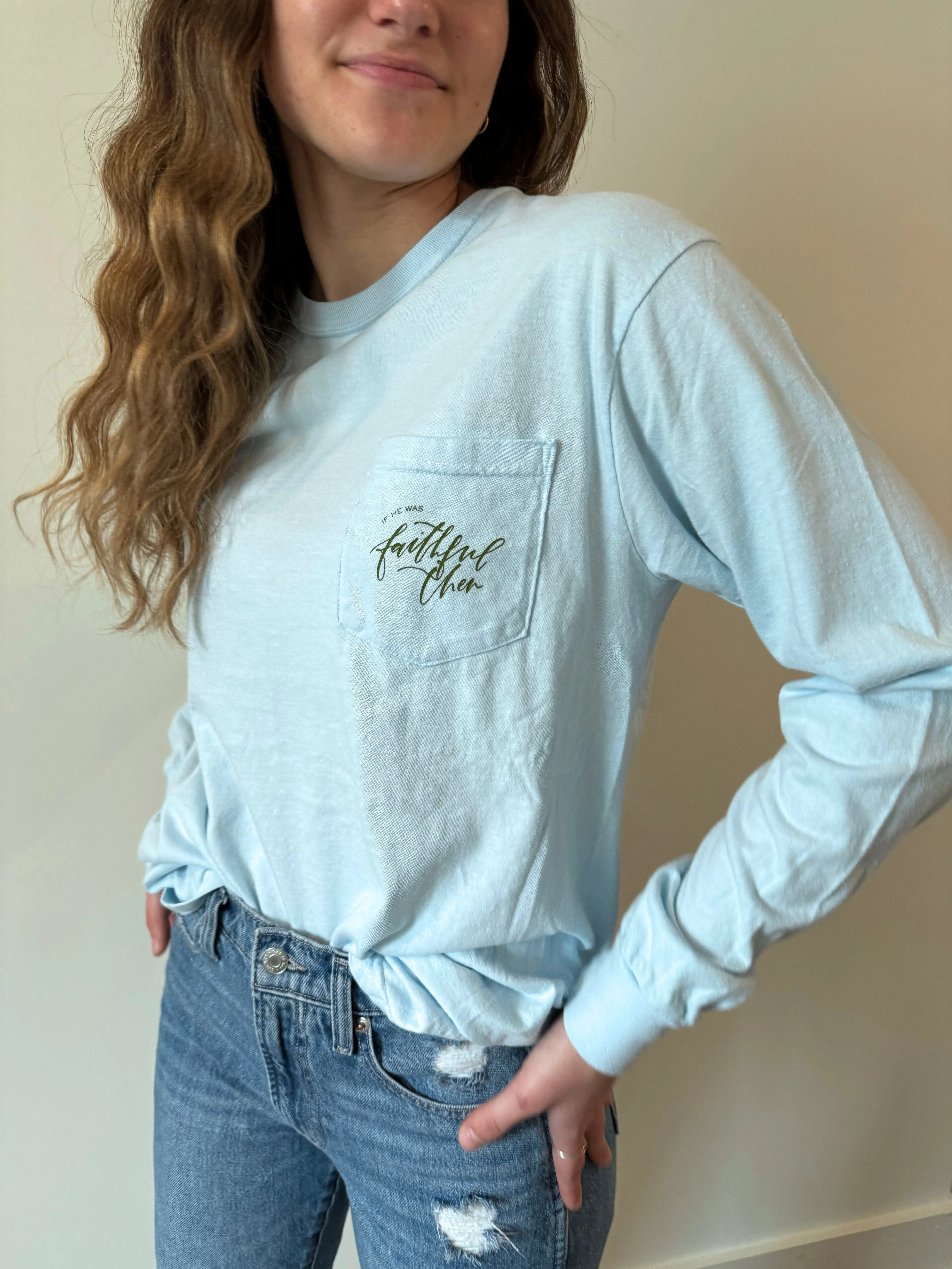 Faithful Then & Now Long-Sleeve Pocket Tee in Chambray