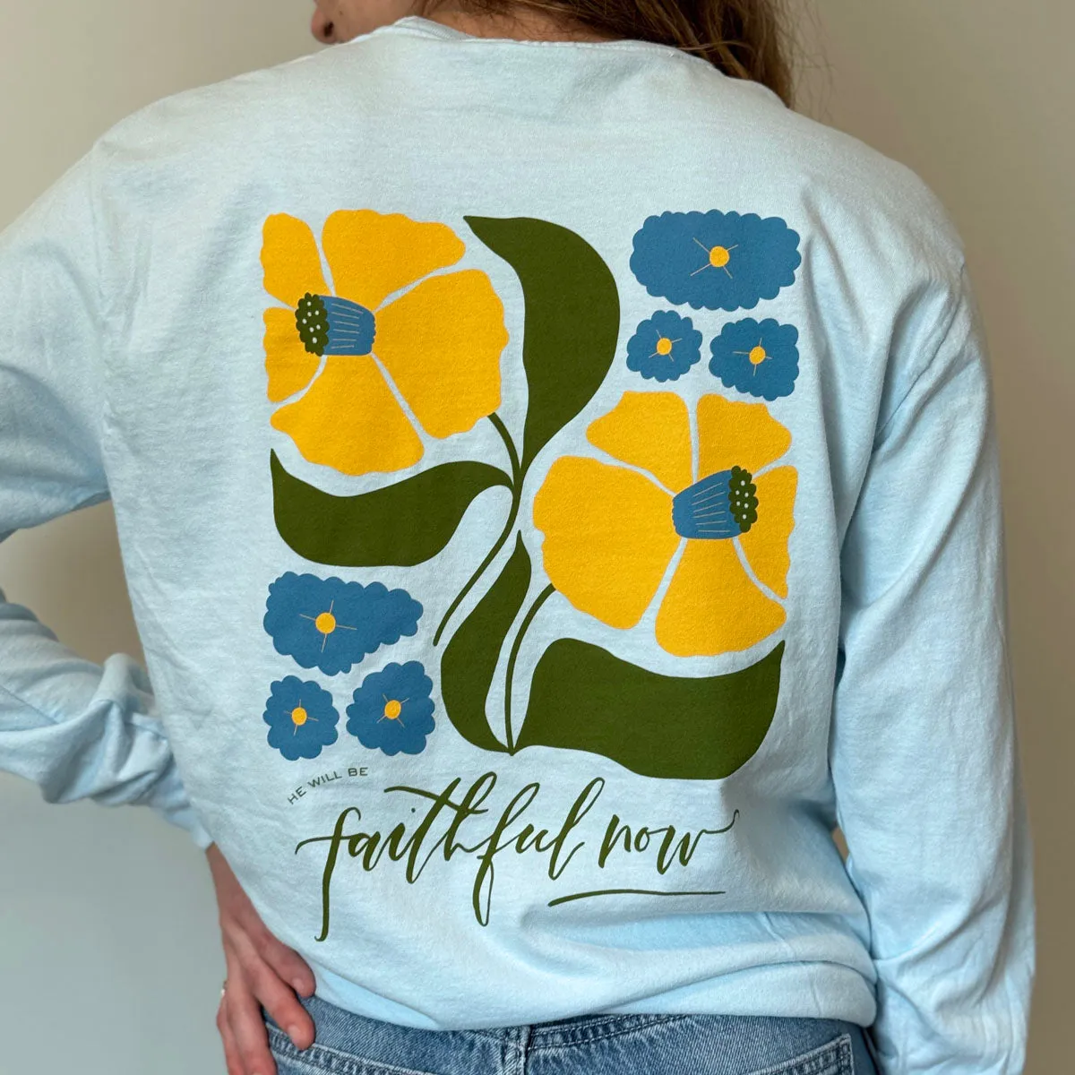 Faithful Then & Now Long-Sleeve Pocket Tee in Chambray