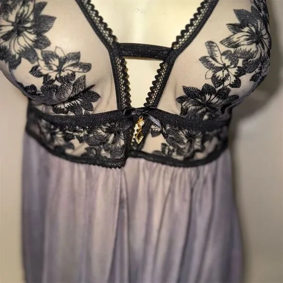 FASCINATIONS Grey sheer Black Floral Lace Babydoll Chemise M/ cup size F