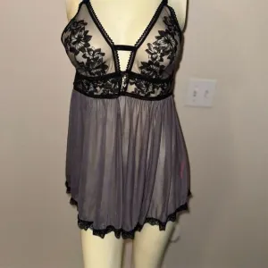 FASCINATIONS Grey sheer Black Floral Lace Babydoll Chemise M/ cup size F