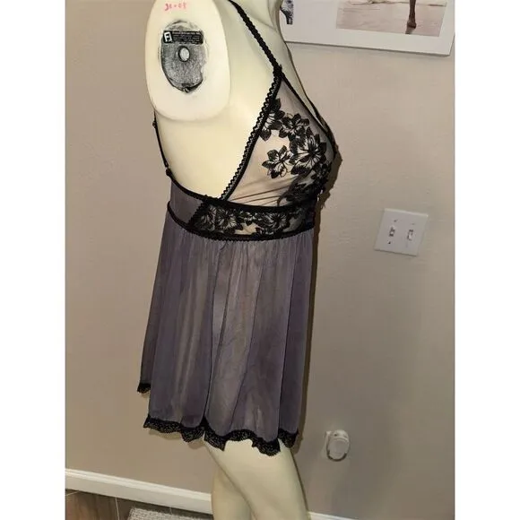 FASCINATIONS Grey sheer Black Floral Lace Babydoll Chemise M/ cup size F