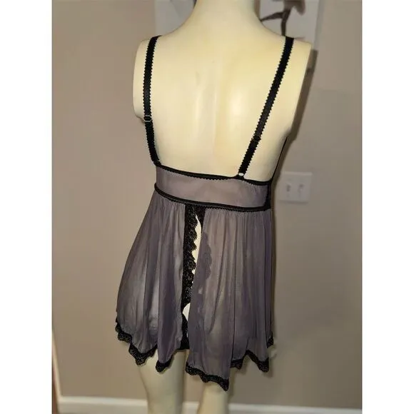 FASCINATIONS Grey sheer Black Floral Lace Babydoll Chemise M/ cup size F