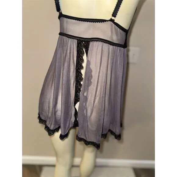 FASCINATIONS Grey sheer Black Floral Lace Babydoll Chemise M/ cup size F