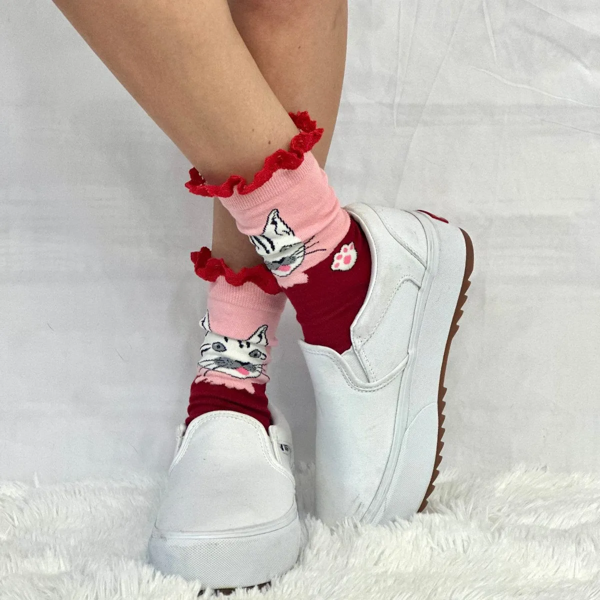FELINE fun novelty print crew sock womens- red pink