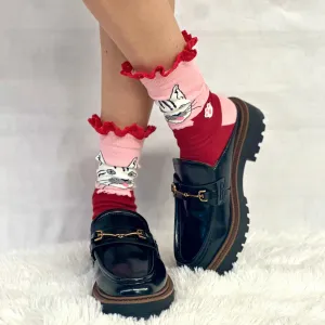 FELINE fun novelty print crew sock womens- red pink