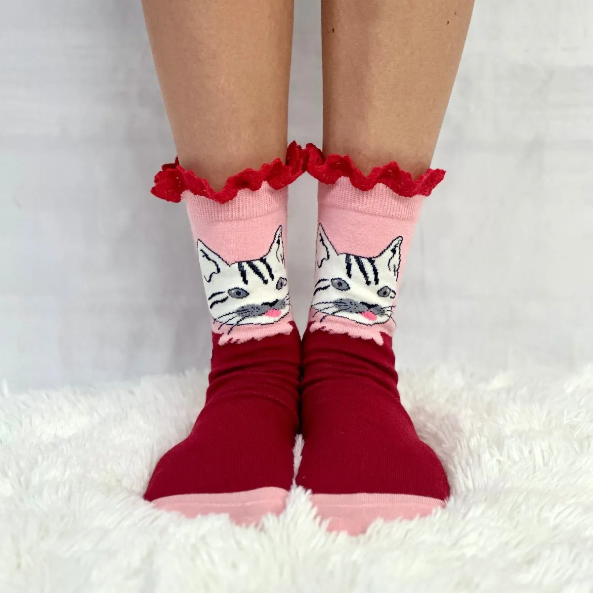 FELINE fun novelty print crew sock womens- red pink