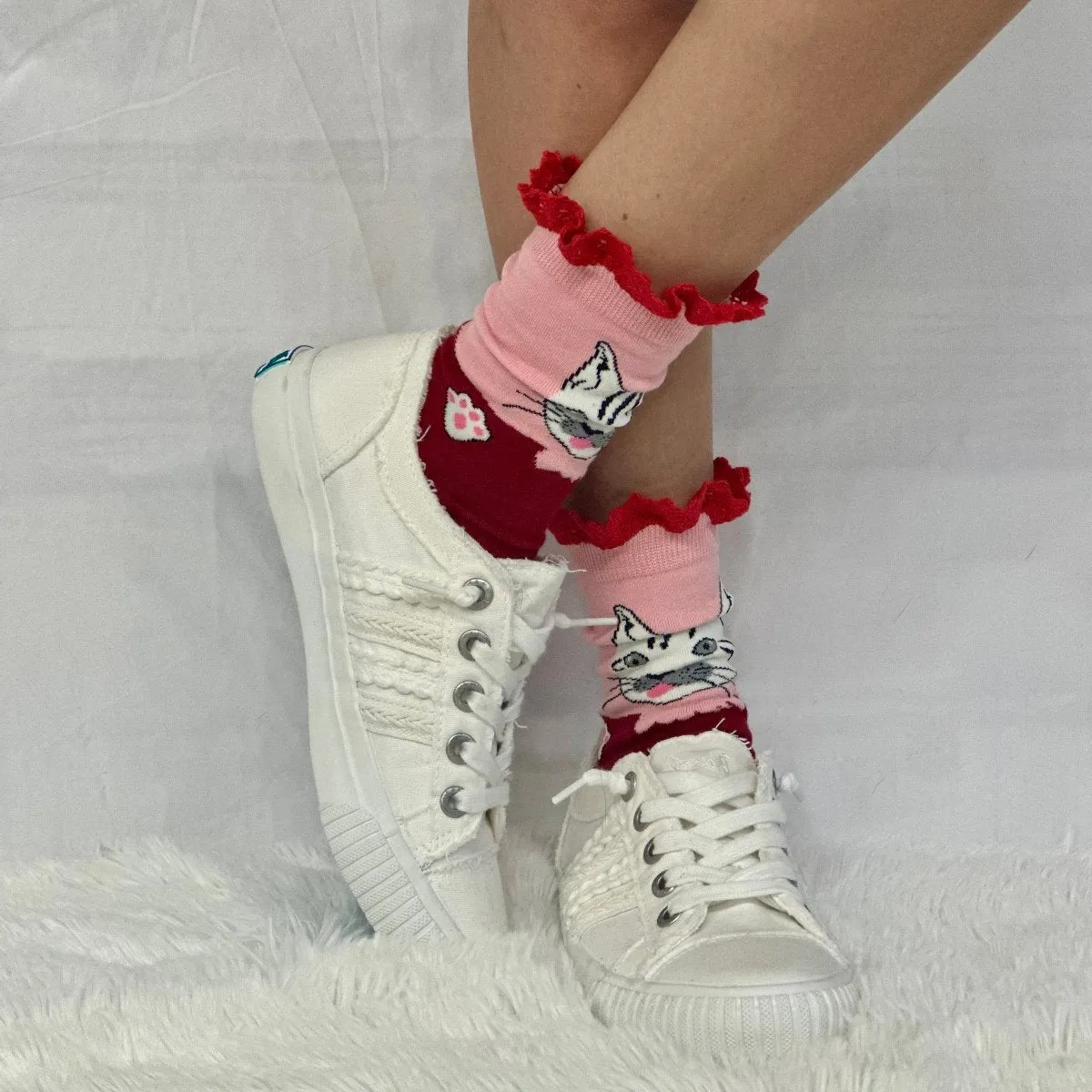 FELINE fun novelty print crew sock womens- red pink