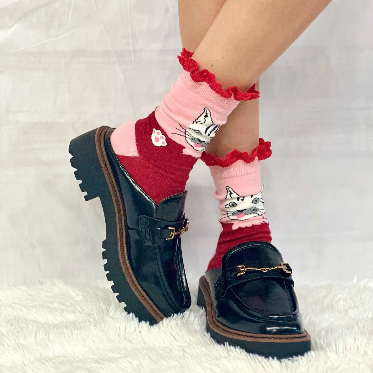 FELINE fun novelty print crew sock womens- red pink