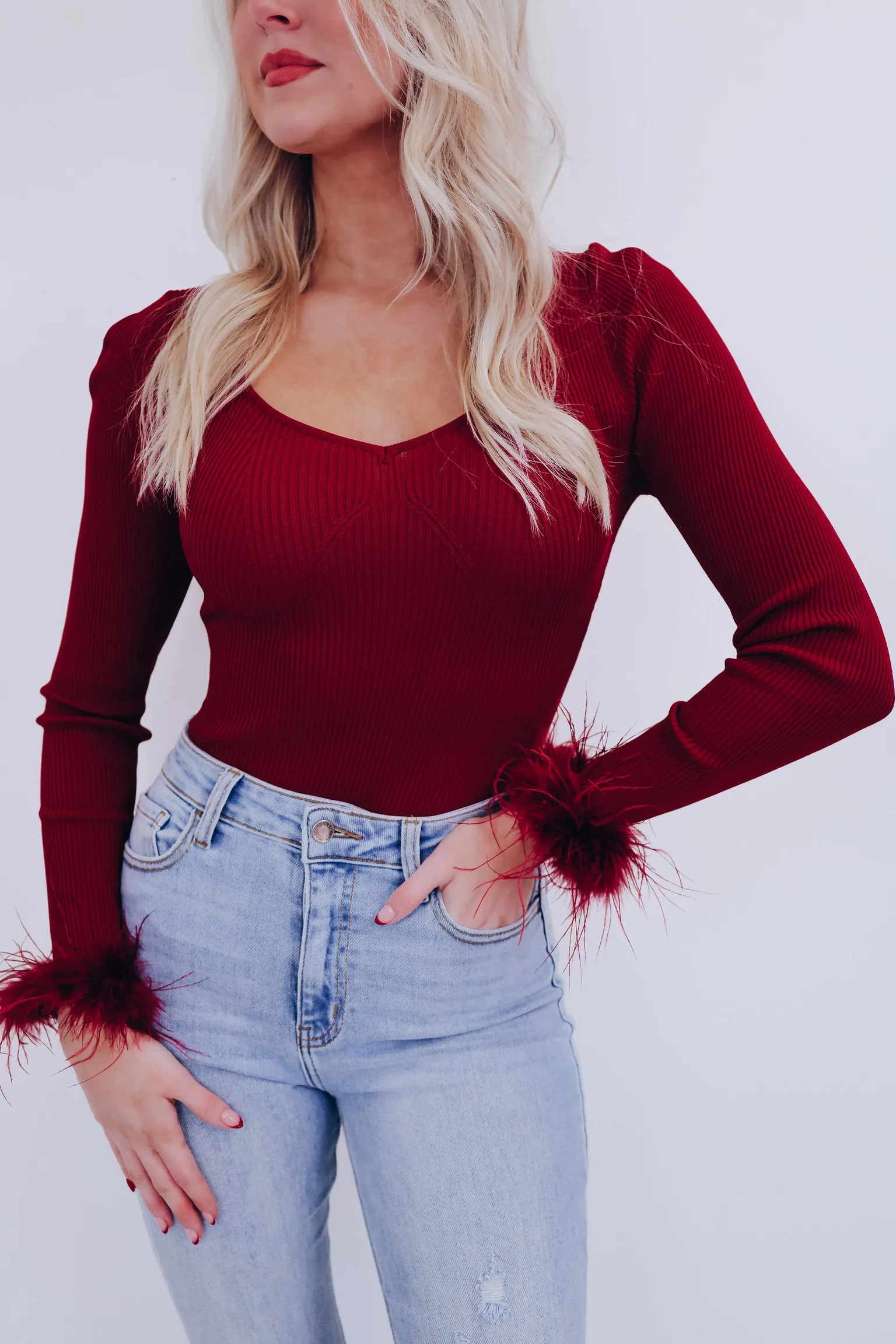 Flirty Fun Feather Trim Bodysuit - Burgundy