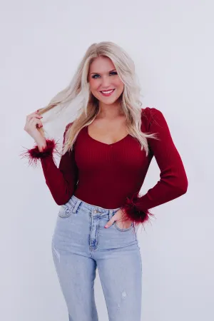 Flirty Fun Feather Trim Bodysuit - Burgundy