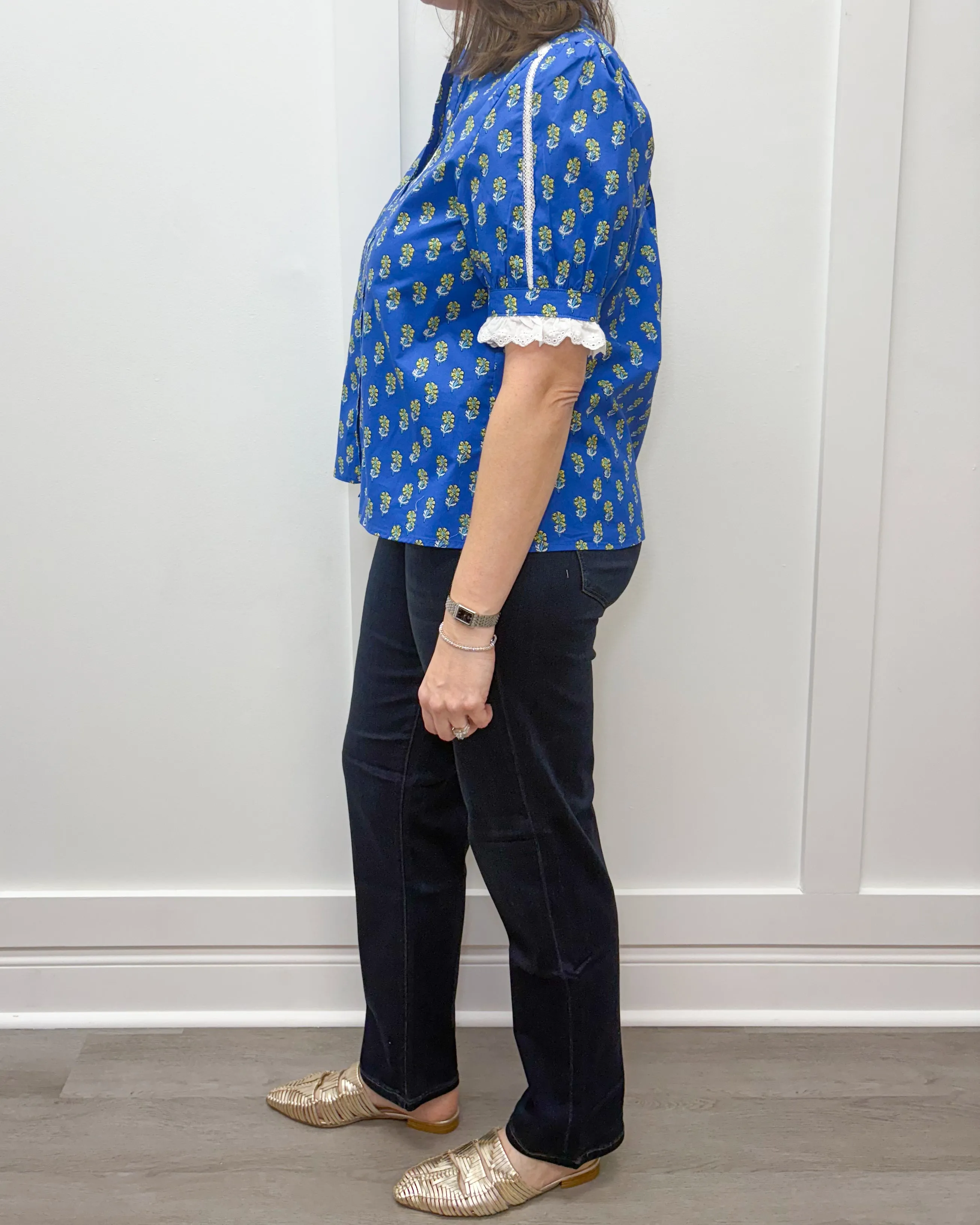 Floral Charm Top - Blue Floral w/ Lace Trim