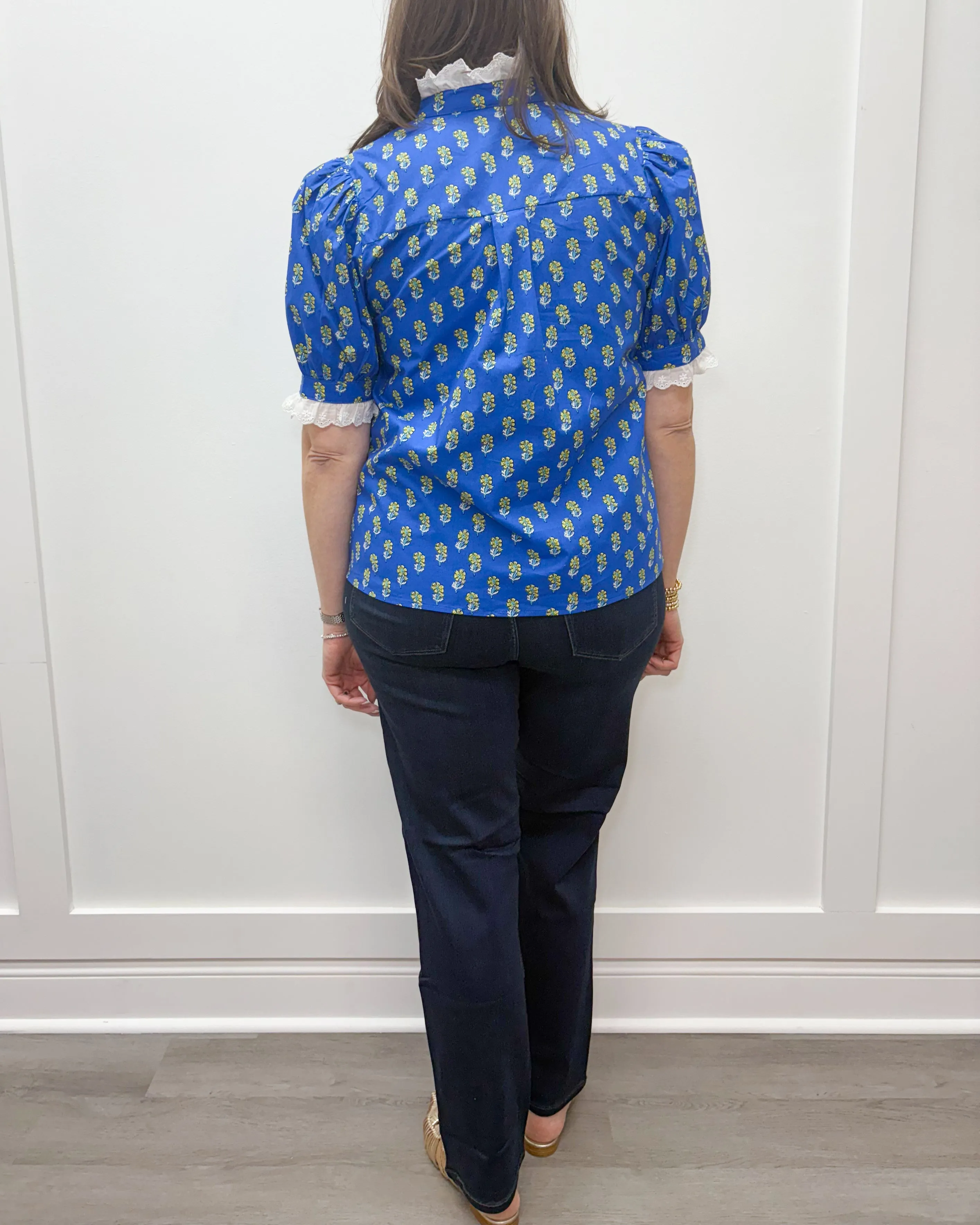 Floral Charm Top - Blue Floral w/ Lace Trim