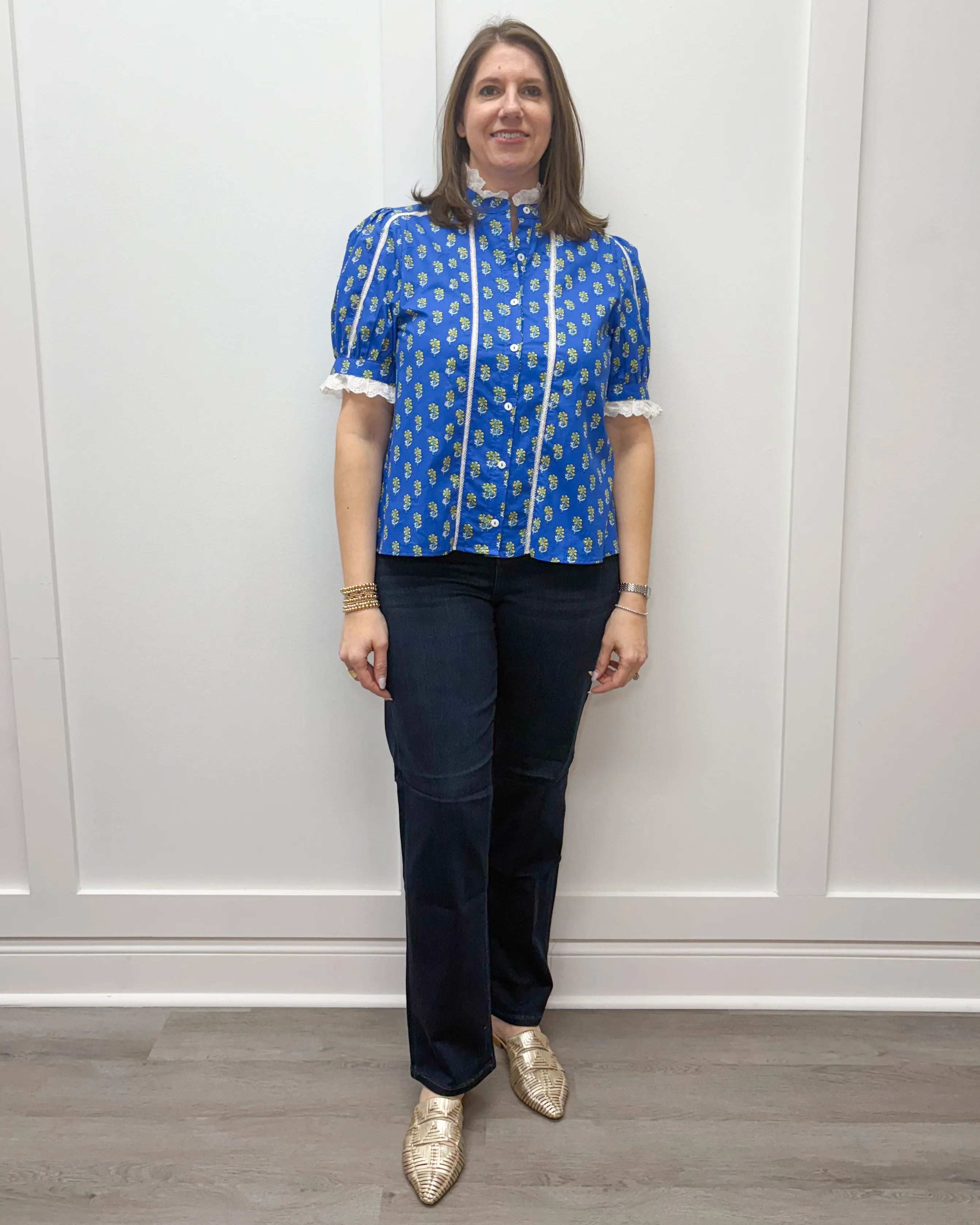 Floral Charm Top - Blue Floral w/ Lace Trim