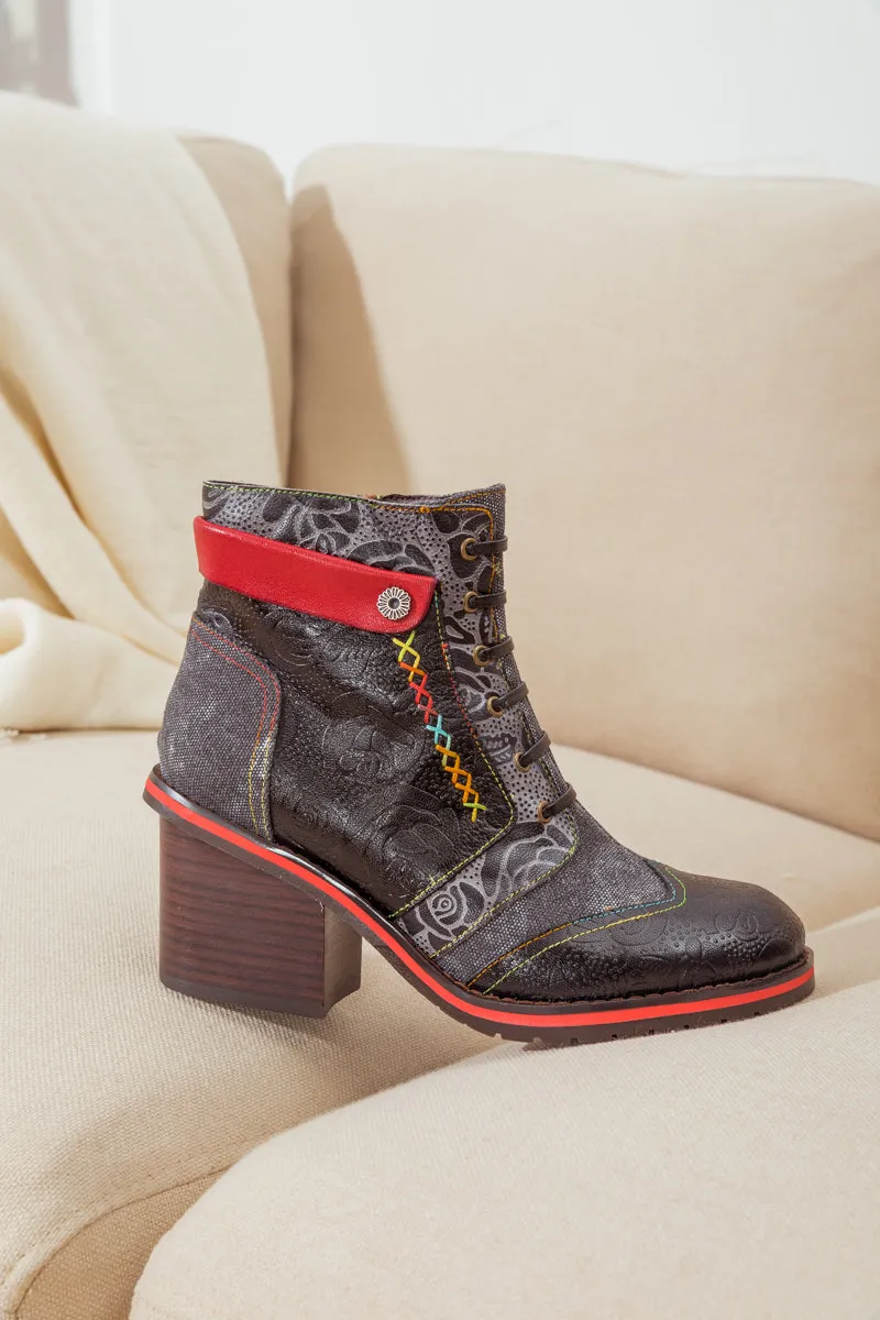 Floral Embossed Leather Combat Boot