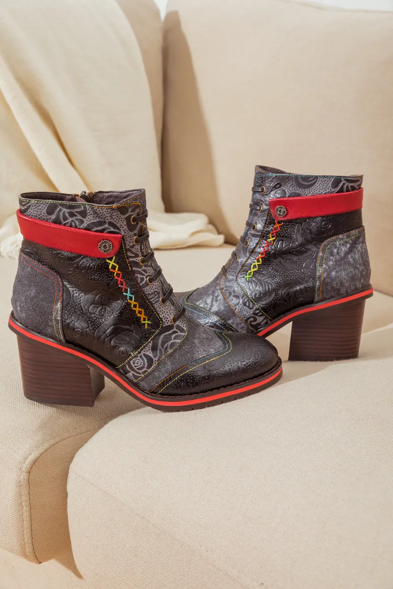Floral Embossed Leather Combat Boot